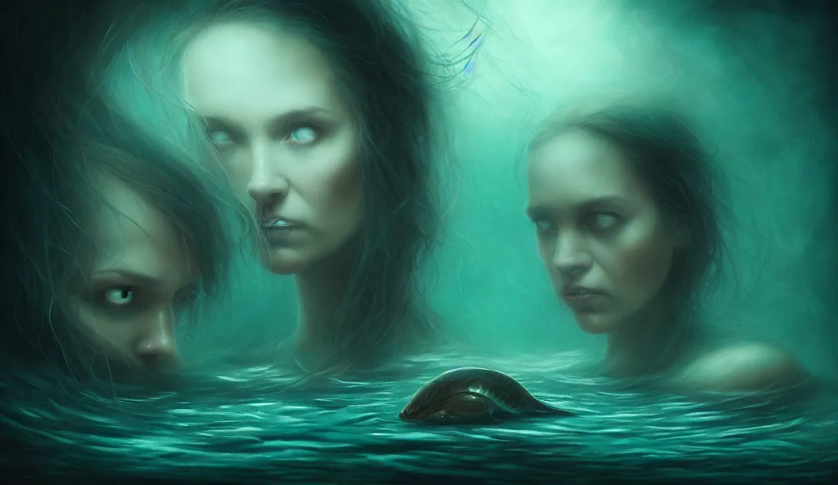 Image similar to epic professional digital art of hungry eyes, ambient teal light, painted, mysterious, closeup cinematic aquatic scene, eerie, mythic, detailed, intricate, grand, leesha hannigan, wayne haag, reyna rochin, ignacio fernandez rios, mark ryden, van herpen, artstation, cgsociety, epic, stunning, gorgeous, wow wow detail