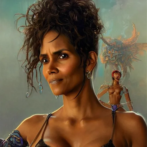Image similar to highly detailed portrait of halle berry, d & d. wearing a bikini, art by donato giancola, eugene delacroix, ruan jia, carl larsson, peter mohrbacher. trending on artstation, intricate details, energetic composition, golden ratio, concept art, illustration, elegant art, global illuminaition