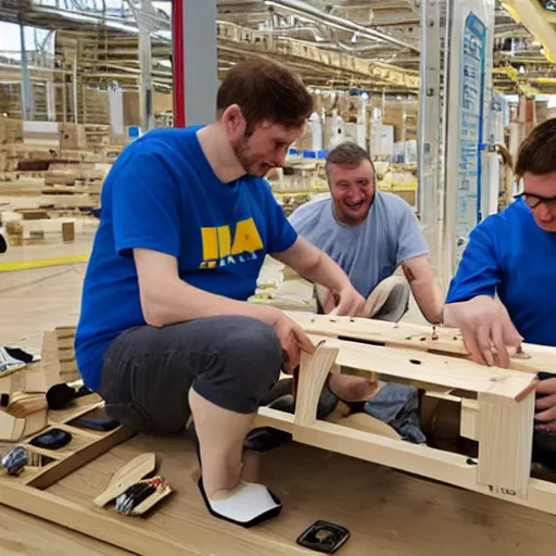 Prompt: ikea employees building a wooden kit plane, photo realistic