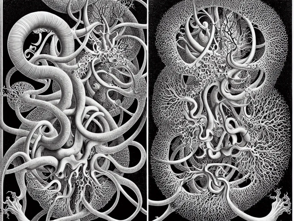 Image similar to neo surrealism, art by ernst haeckel and daniel martin diaz and mc escher