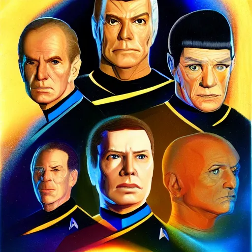 Prompt: Star Trek characters portrait, atmospheric lighting, painted, golden ratio, golden hour, slightly blue tint, intricate, highly detailed by Rembrandt