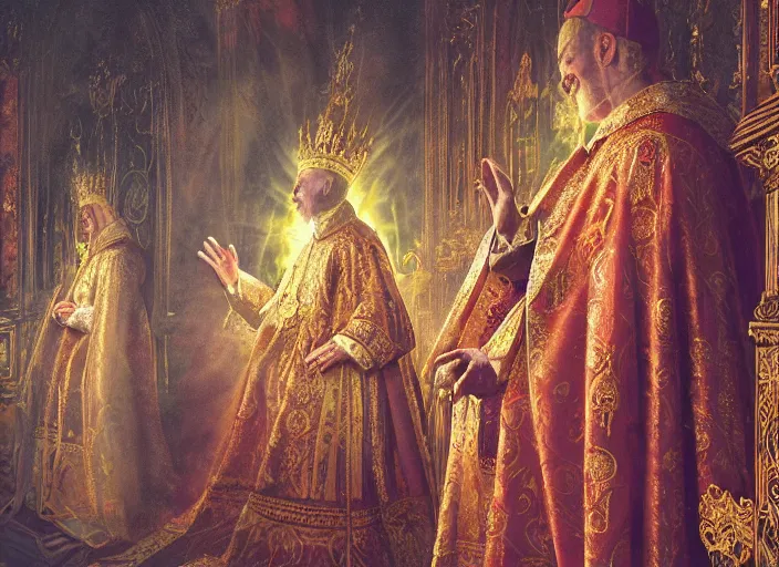 Image similar to worship of the pope, royal robe, gold trim, mysticism, close - up, light effect, hyper detailed, intricate, atmospheric, elegant, photorealistic by paul lehr, marco mazzoni, featured on cgsociety, rococo, whimsical, artstation