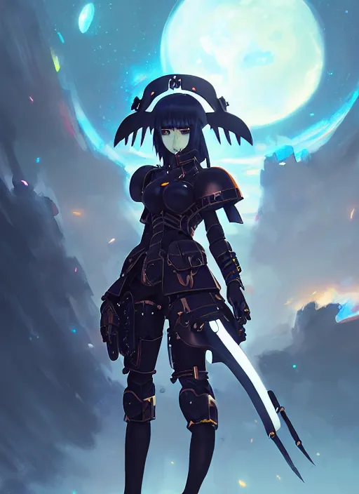 Image similar to portrait of cute goth girl in cyber armor, warhammer 4 0 0 0 0, illustration concept art anime key visual trending pixiv fanbox by wlop and greg rutkowski and makoto shinkai and studio ghibli