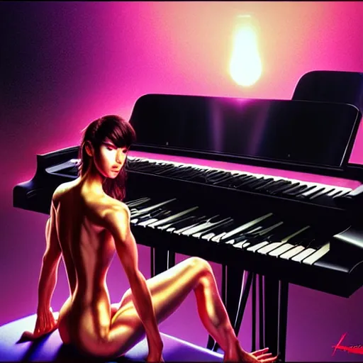 Prompt: a hyperrealistic cyborg playing the piano in a futuristic apartment, award winning art, 8k, highly detailed, sharp focus, cinematic lighting, UHD, in the style of Amano and Ayami Kojima and Karol Bak, art by Mark Brooks and Lisa Frank with vivid colors and crisp details smooth textures