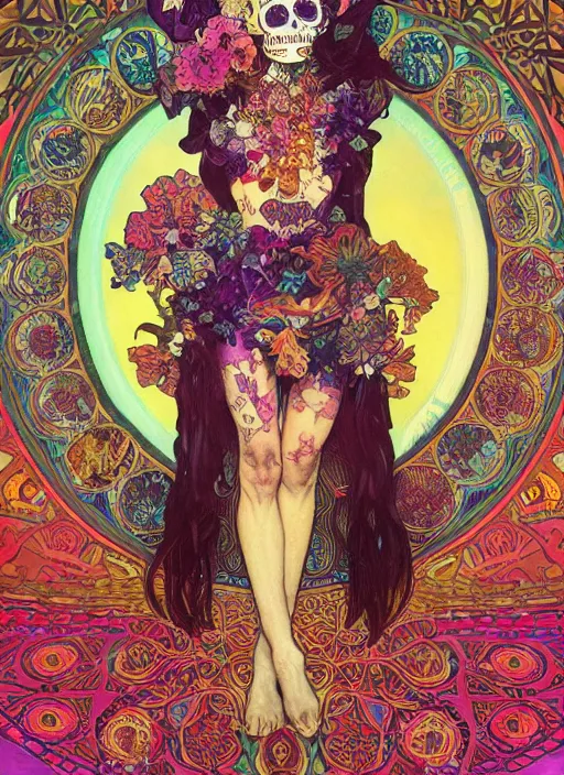 Image similar to realistic detailed psychedelic poster art of a cute fractal Día de los Muertos girl dancing by Victor Moscoso Rick Griffin Alphonse Mucha Ayami Kojima Amano Charlie Bowater, masterpiece