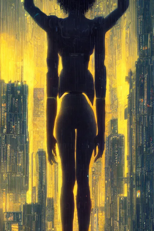 Image similar to a beautiful young Black woman, cyberpunk, Blade Runner city background, highly detailed, 8K, artstation, illustration, art by Gustav Klimt