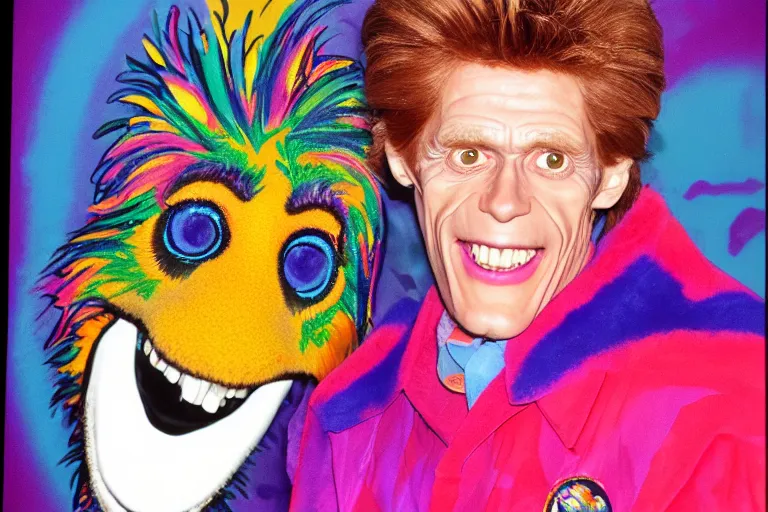 Image similar to lisa frank painting of willem dafoe at showbiz pizza 1 9 8 9