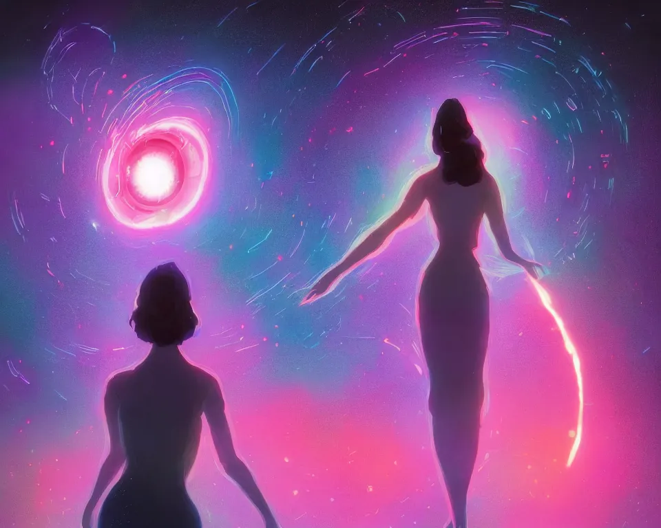 Image similar to a beautiful whimsical woman standing under a multi-colored binary blackhole with an accretion disc, casting magic, glowing trails following her arms, acidwave, hall of mirrors, interstellar galaxy, by Lois van Baarle, by Greg Rutkowski, by artgerm, by beeple, by studio ghibli, cinematic angle, volumetric lighting, 4k resolution, octane render, trending on artstation, masterpiece