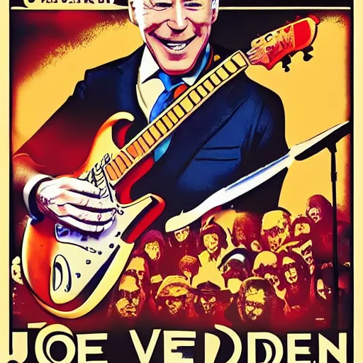 Prompt: joe biden playing an electric guitar, poster, high definition, highly detailed, wes wilson, victor moscoso, rick griffin