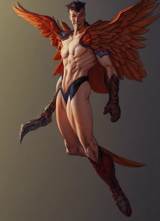 Image similar to character art by wlop, steve henderson, and j scott campbell, gooseman, male hero, goose head, wings, 4 k, arstation, trending, high quality, very detailed, digital