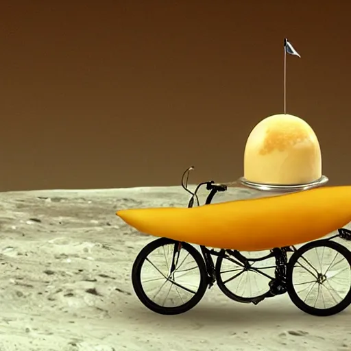Prompt: a wheel of cheese is cycling on a bike on the moon and cycles away from a large nuclear explosion. photorealistic