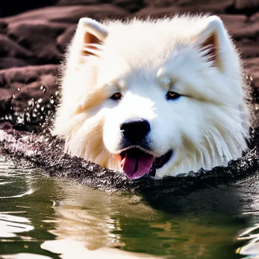 Image similar to beautiful photograph of samoyed dog taking a bath in a pool full of lava, professional photography, sigma 5 6 mm f 8