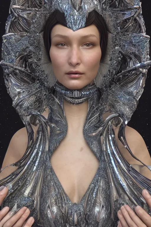 Prompt: a highly detailed metahuman 4 k close up render of an alien goddess bella hadid as venus in iris van herpen dress schiaparelli in diamonds swarovski and jewelry in style of alphonse mucha gustav klimt trending on artstation made in unreal engine 4