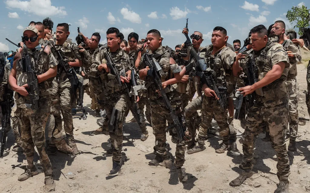 Image similar to heavily armed battalion of thirty drug cartel members, shoulder - to - shoulder, with fully decked - out equipment, long shot photography, harsh overhead sunlight, midday, summer, high - key lighting