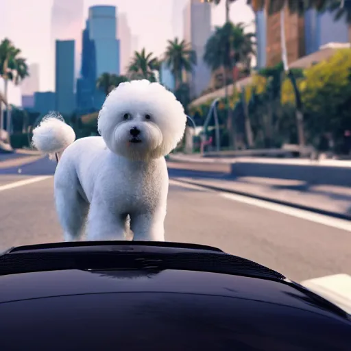 Image similar to a photorealistic image of bichon frise riding in the back on an Uber through Hollywood at sundown. This 4K HD image is Trending on Artstation, featured on Behance, well-rendered, extra crisp, features intricate detail and the style of Unreal Engine.