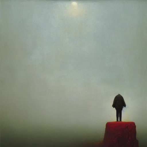 Image similar to The end of the world | a giant standing over the earth | Masterpiece Art by beksinski | Matte painting | Oil on canvas | Digital art | Fantastic and Ominous lighting with red and yellow gradient | Immensity | Romantic art