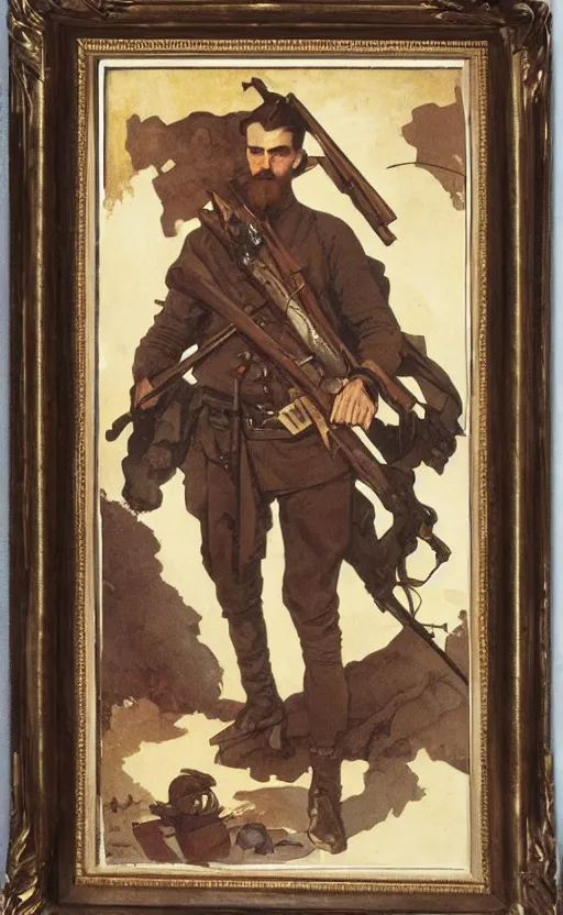 Image similar to portrait of John Brown holding a rifle, lithograph by Alphonse Mucha and Greg Rutkowski and David Lozeau