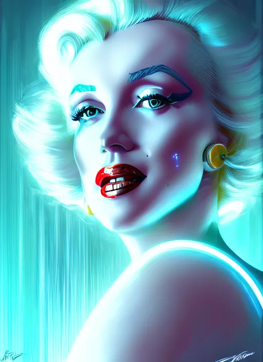 Prompt: portrait of marilyn monroe cyber humanoid, intricate, elegant, cyber neon lights, highly detailed, digital painting, artstation, glamor pose, concept art, smooth, sharp focus, illustration, art by artgerm and greg rutkowski