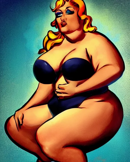 Prompt: upper body pinup of a gorgeous woman, obese, muscular, wearing bikini. pop art, gta. beautiful face!!! in the style of charlie bowater, alain aslan, ralph bakshi, dan mumford.