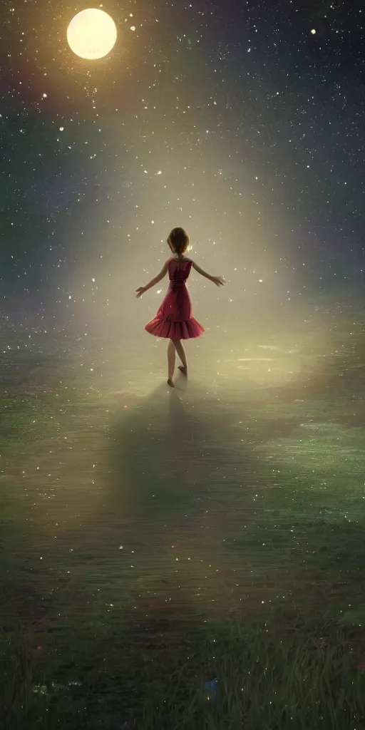 Image similar to a stunning beautiful scene render of somewhere in time a little girl dance latin, emotional, moving, quiet, wonderland, aloneness, dream, realistic, starry night, light effect, moody, attractive, hyper details, 8 k hd, in the style of studio ghibli, beeple, makoto shinkai, animation style, super wide angle, movie lights, very clear