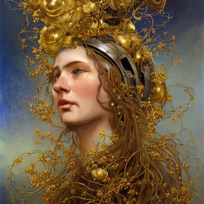 Image similar to hyperrealist portrait of a 2 0 4 4 space sport engineer, it is decorated with long gold wires and gold flowers that fall like vines and wears a huge computer crown. by jeremy mann and alphonse mucha, fantasy art, photo realistic, dynamic lighting, artstation, poster, volumetric lighting, dramatic light, very detailed faces, 8 k, award winning