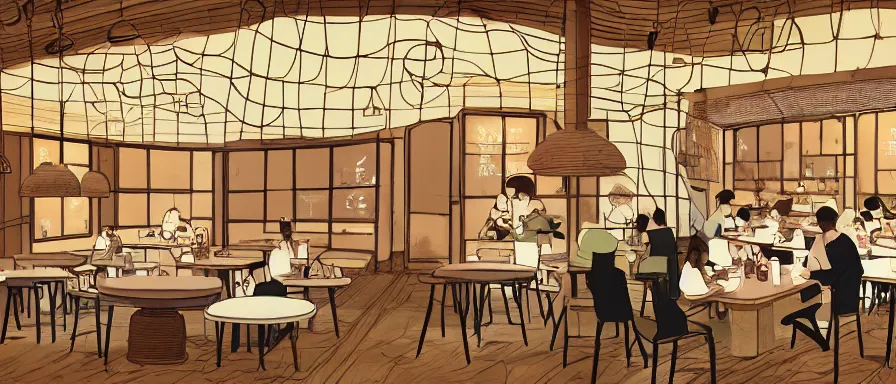 Image similar to a beautiful interior view illustration of a small roasted string hotpot restaurant in yan'an city, restaurant wall paper is a tower on a mountain, rectangle white porcelain table, people are eating, black chair, animation illustrative style, from china, simple style structure decoration design, victo ngai, james jean, 4 k hd