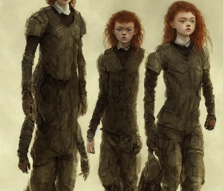 Image similar to sadie sink dressed in oversized school uniform : costume concept for a scifi cyberpunk film. by greg rutkowski, greg staples, gustave courbet, rosa bonheur. sharp focus, cinematic atmosphere, detailed and intricate, perfect anatomy