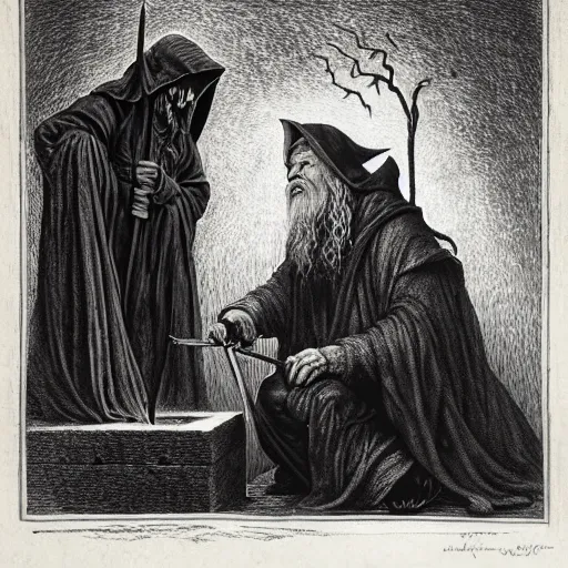 Prompt: the evil ian mckellen smithing on an anvil as gandalf in a dark viking hood playing odin all father crafting the plant of life with vines on an anvil, highly detailed, cinematic shot, cinematic lighting, 8 k, exquisit facial detail, colored painting by gustave dore and artemisia gentileschi, chiaroscuro, dark painting.