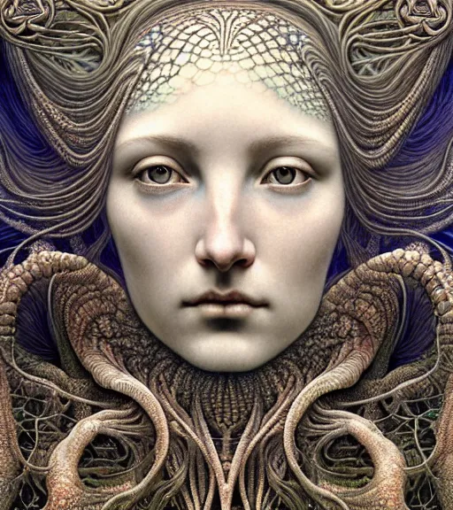 Prompt: detailed realistic beautiful opal goddess face portrait by jean delville, gustave dore, iris van herpen and marco mazzoni, art forms of nature by ernst haeckel, art nouveau, symbolist, visionary, gothic, neo - gothic, pre - raphaelite, fractal lace, intricate alien botanicals, biodiversity, surreality, hyperdetailed ultrasharp octane render