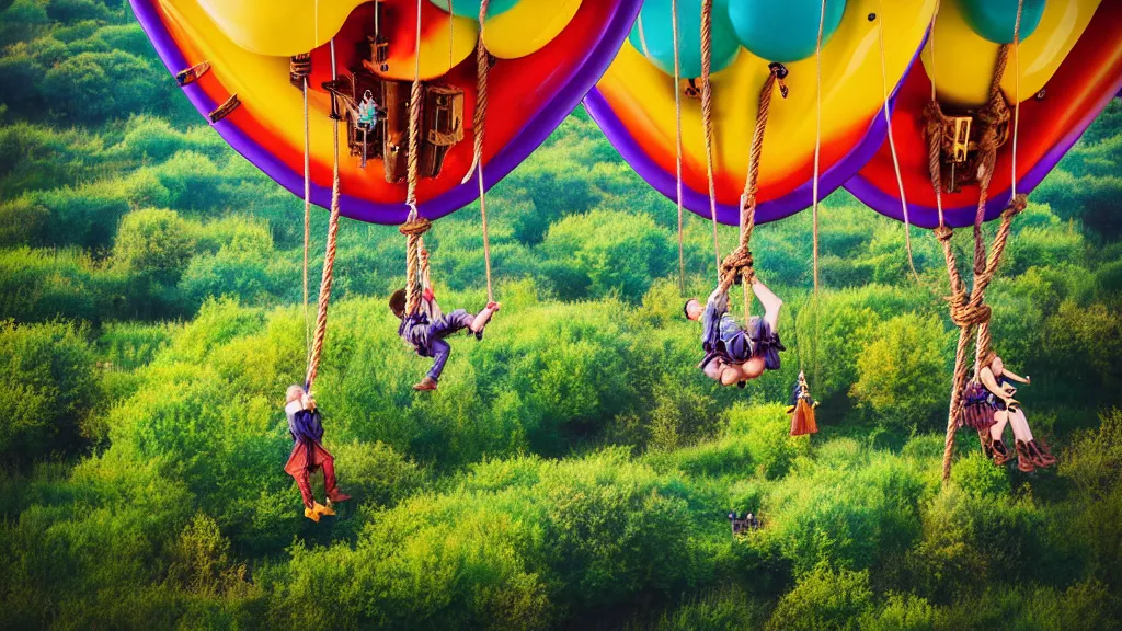 Image similar to large colorful steampunk balloons with people on rope swings underneath, flying high over the beautiful countryside landscape, professional photography, 8 0 mm telephoto lens, realistic, detailed