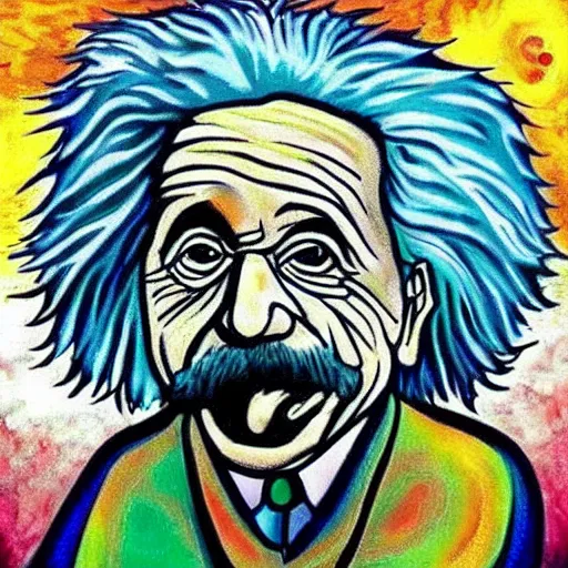 Image similar to “cosmic Albert Einstein with tongue out, tripping on lsd, style of Van Gogh painting”