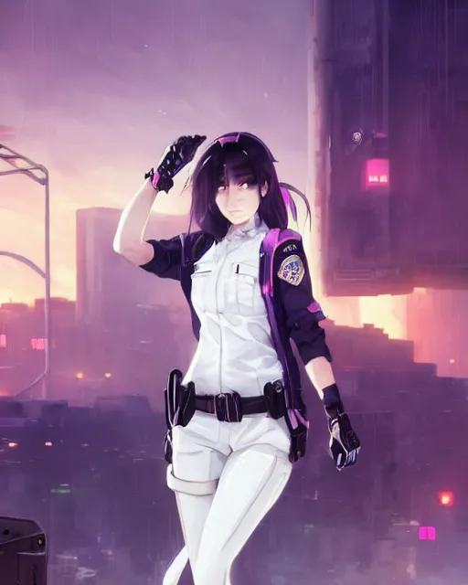 Image similar to anime key visual of a young female police officer, neon, cyberpunk, futuristic, white clothing, black vest, stunning, highly detailed, digital painting, artstation, smooth, soft focus, illustration, art by artgerm and greg rutkowski and alphonse mucha