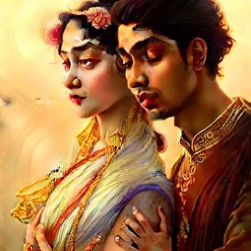 Prompt: portrait of beautiful young bengali romantic couple fantasy, intricate and very very beautiful and elegant, highly detailed, digital painting, artstation, concept art, smooth and sharp focus, illustration, art by tan zi and ayanamikodon and alphonse mucha and wlop