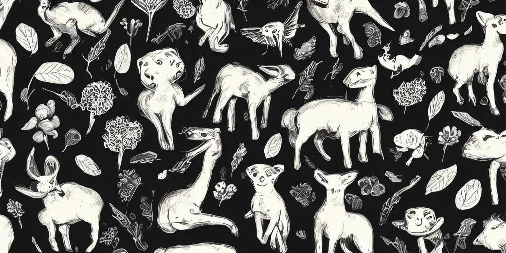 Image similar to cute animals and plants on a black background, wallpaper, Illustration, Anatomical Drawing, Painting