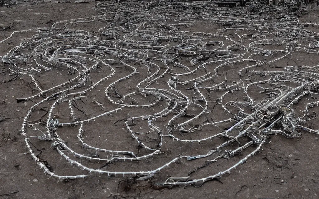 Image similar to gigantic robotic centipede travelling across a broken landscape