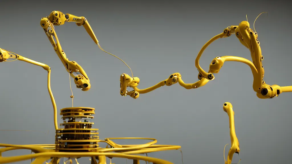 Image similar to a complex bifurcated robotic cnc surgical arm hybrid 3 d printer machine making organic ceramic kintsugi mandlebulb forms in the laboratory room, very thin gold wire, film still from the movie directed by denis villeneuve with art direction by salvador dali, wide lens, f 3 2, cinematic lighting, studio quality, smooth render, unreal engine 5 rendered, octane rendered