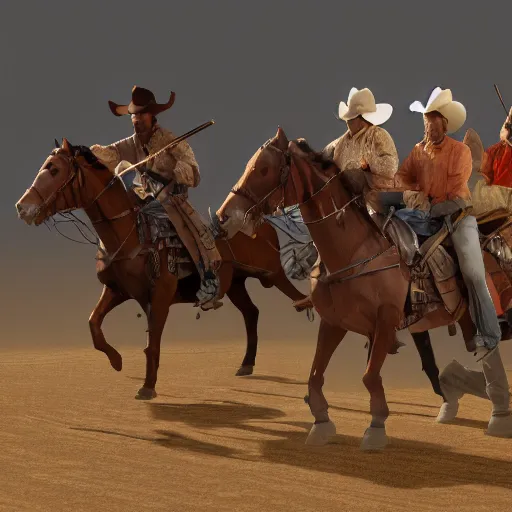 Prompt: cowboys, battle scene, concept art, 3d render