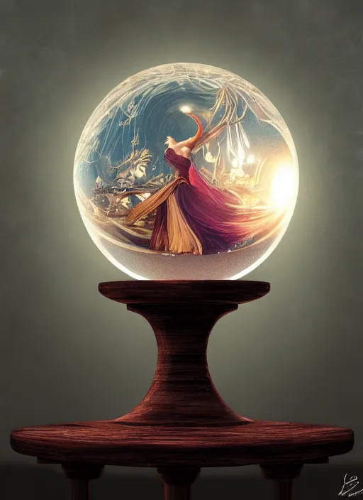 Image similar to crystal ball on a wood stand with a beautiful dreamscape inside, studio product photography, centered, super highly detailed, professional digital painting, artstation, concept art, smooth, sharp focus, extreme illustration, unreal engine 5, photorealism, beautiful, cinematic, art by artgerm and rutkowski and alphonse mucha and loish and wlop