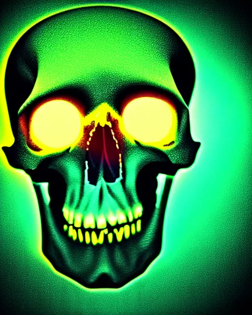 Prompt: glow, chromatic aberration, prismatic, skull, cinematic, retro, vintage, cool, unique, interesting, original, vhs quality