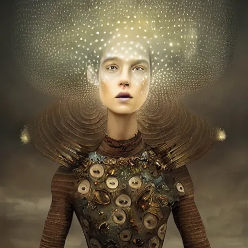 Image similar to brown woman wearing an armor made of luminous jellyfishes. super detailed. layered. textured. award winning. refracted lighting. soft. fragile. by ray caesar. by louise dahl - wolfe. by andrea kowch. by tom bagshaw. surreal photography