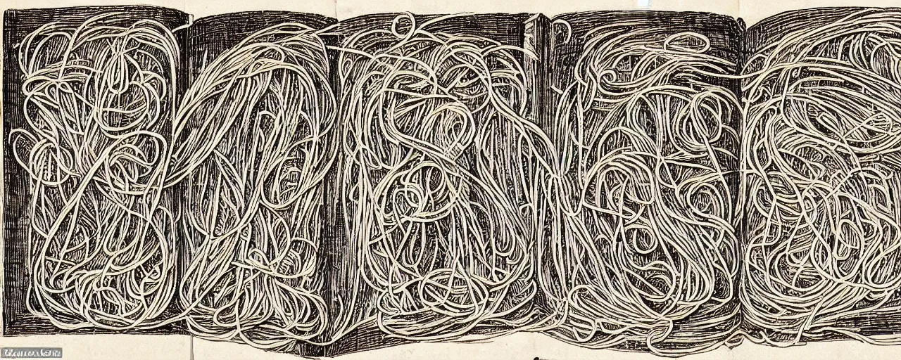 Image similar to ancient book with images of spaghetti, in the style of the book of the dead, fine detail,