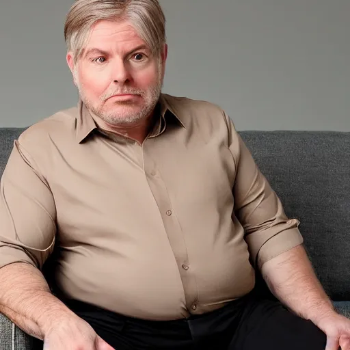 Image similar to full body photo of steve, mature male, mysterious face. he is sitting gracefully on a sofa, elegant slim beige shirt, tight shirt, big chubby belly