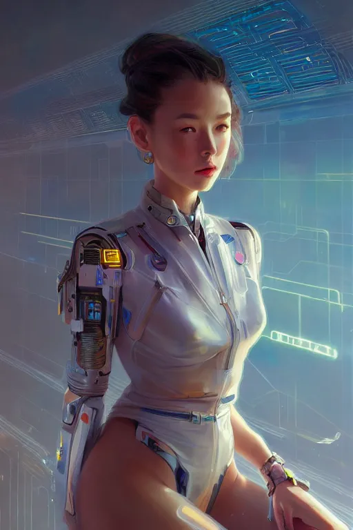 Image similar to portrait futuristic Airforce Girl, in future airport rooftop , ssci-fi, fantasy, intricate, very very beautiful, elegant, human anatomy, neon light, highly detailed, digital painting, artstation, concept art, smooth, sharp focus, illustration, art by tian zi and WLOP and alphonse mucha