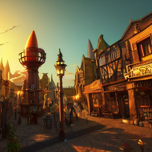 Prompt: photorealistic steampunk city. witchy city. sunset. witches flying on brooms. potion shop. pastel clouds. cauldron. lens flare. 8K. detailed. photorealism. artstation. 25mm f/1.7 ASPH Lens. ultra realistic