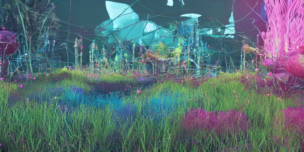 Image similar to compression algorithm meadows with flora made out of alien materials, computer-circuitry based structures sticking out, abstract!!!!!!!!!!!!!, pastel tones, ray-tracing, 4k, octane render, trending on artstation