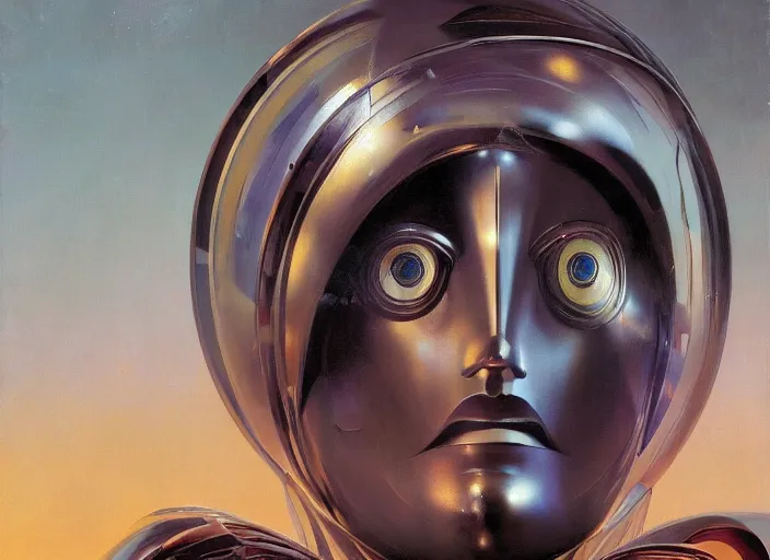 Image similar to a portrait headshot of sci fi metallic human, bright eyes, melancholic complex geometric figure liminal machinery by oskar schlemmer, moebius, john berkey, oil on canvas, portrait facial head, featured on artstation, hd wallpaper