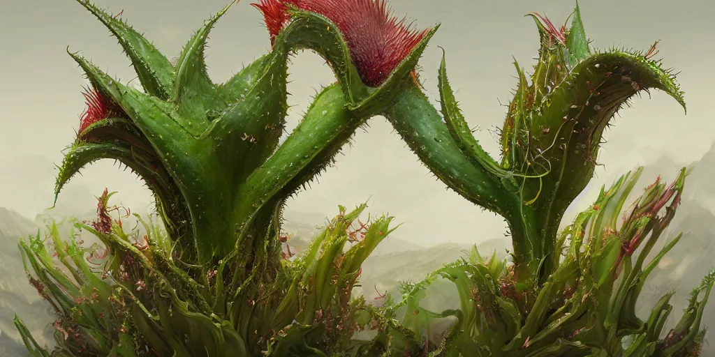 Prompt: a highly detailed matte painting of a giant carnivorous plant hybrid venus flytrap aloe sundew pineapple pitcher plant, concept art, trending on artstation