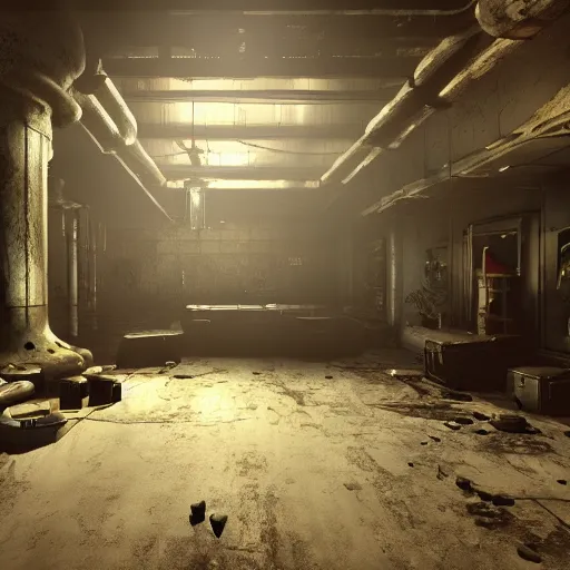 Image similar to fallout concept art vault interior render grim realistic lighting unreal engine 5