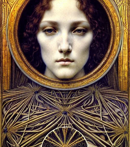 Image similar to detailed realistic beautiful young medieval queen face portrait by jean delville, gustave dore and marco mazzoni, art nouveau, symbolist, visionary, gothic, pre - raphaelite. horizontal symmetry