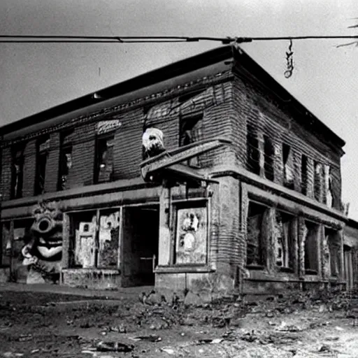 Prompt: a haunting dark cold picture of abandoned Sesame street, there are broken animatronics, 1936, old camera